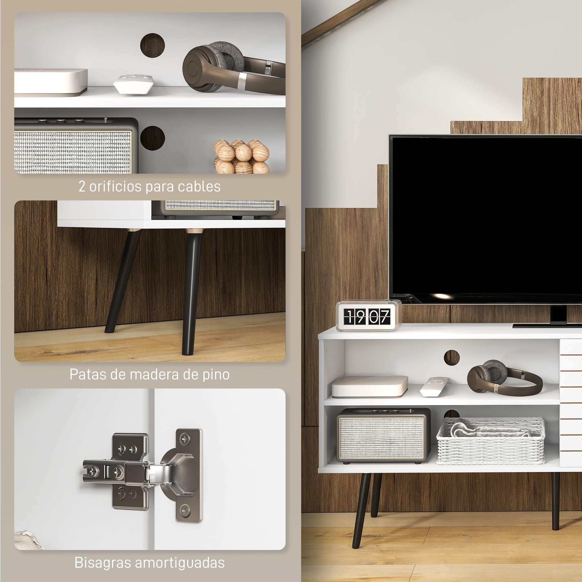 HOMCOM Mueble de TV para Televisores de 65 Pulgadas 145x38x65 cm Blanco | para Salón, Mesa para Televisores, Mueble para TV Moderno, 2 Estantes Abiertos, 1 Estante Ajustable, 55 Pulgadas