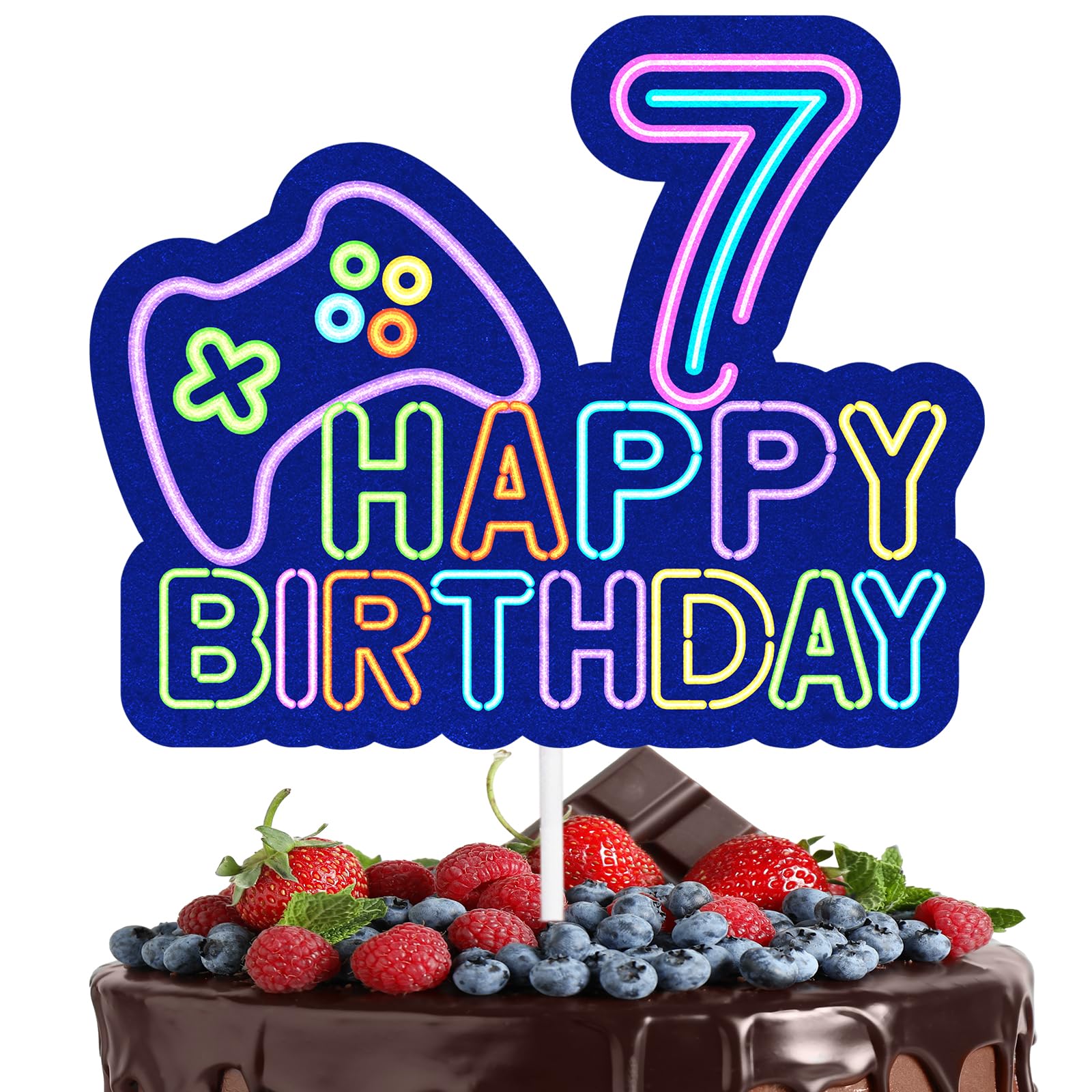 Game Night Cake Topper Video Game Themed 7th Happy Birthday Controller Unlocked Decoration, Game Night Party, Boy and Girl Birthday Party Neon Game