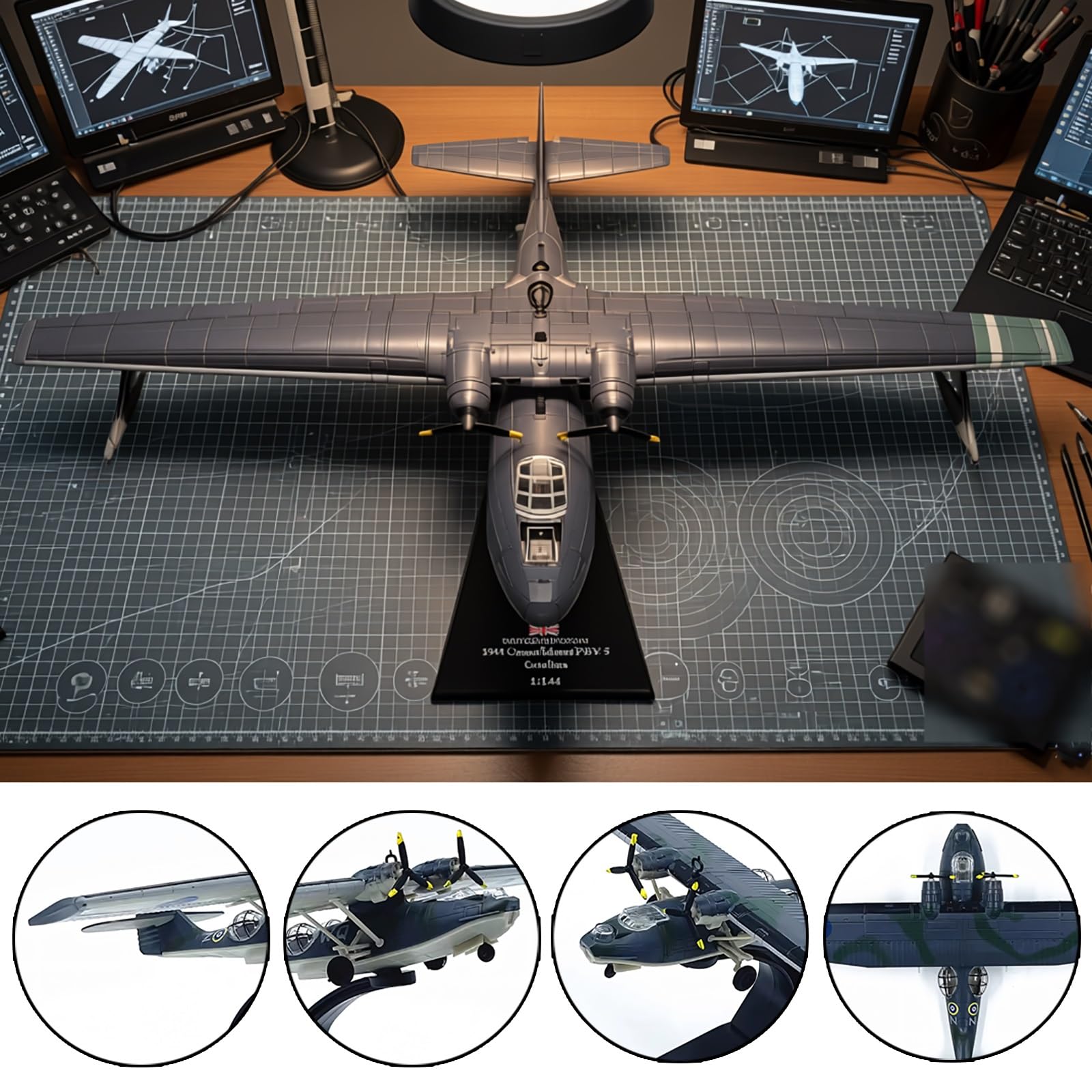 Modello aereo militare pressofuso metallo pressofuso PBY-5 in scala 1:144, collezione, con eliche rotanti, espositore, replica autentica for appassionati aviazione