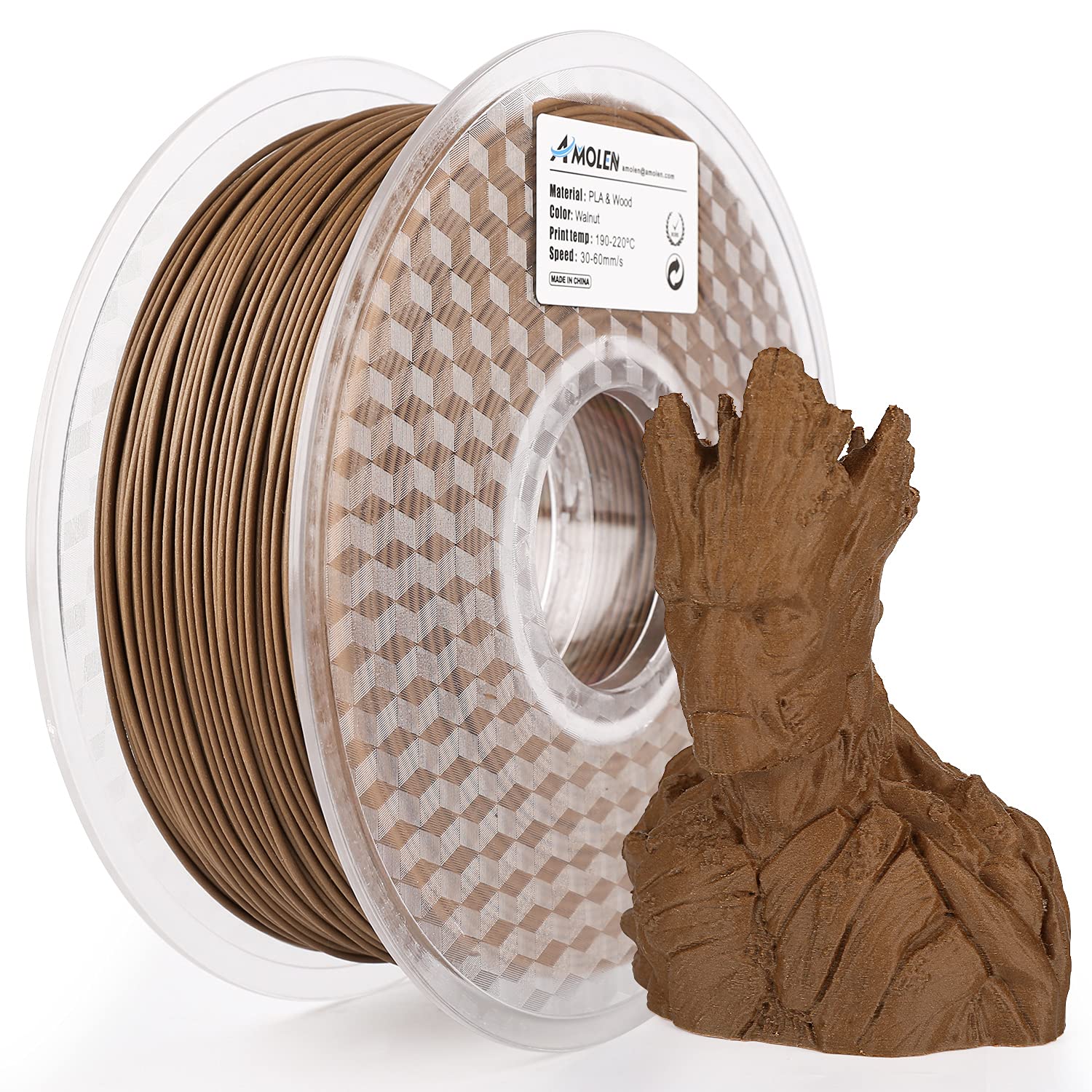 AMOLEN Real Wood 3D Printer Filament, Dark Walnut Wood PLA Filament 1.75mm with 20% Wood Powder, 3D Printing Filament +/- 0.03mm,1kg/2.2lbs