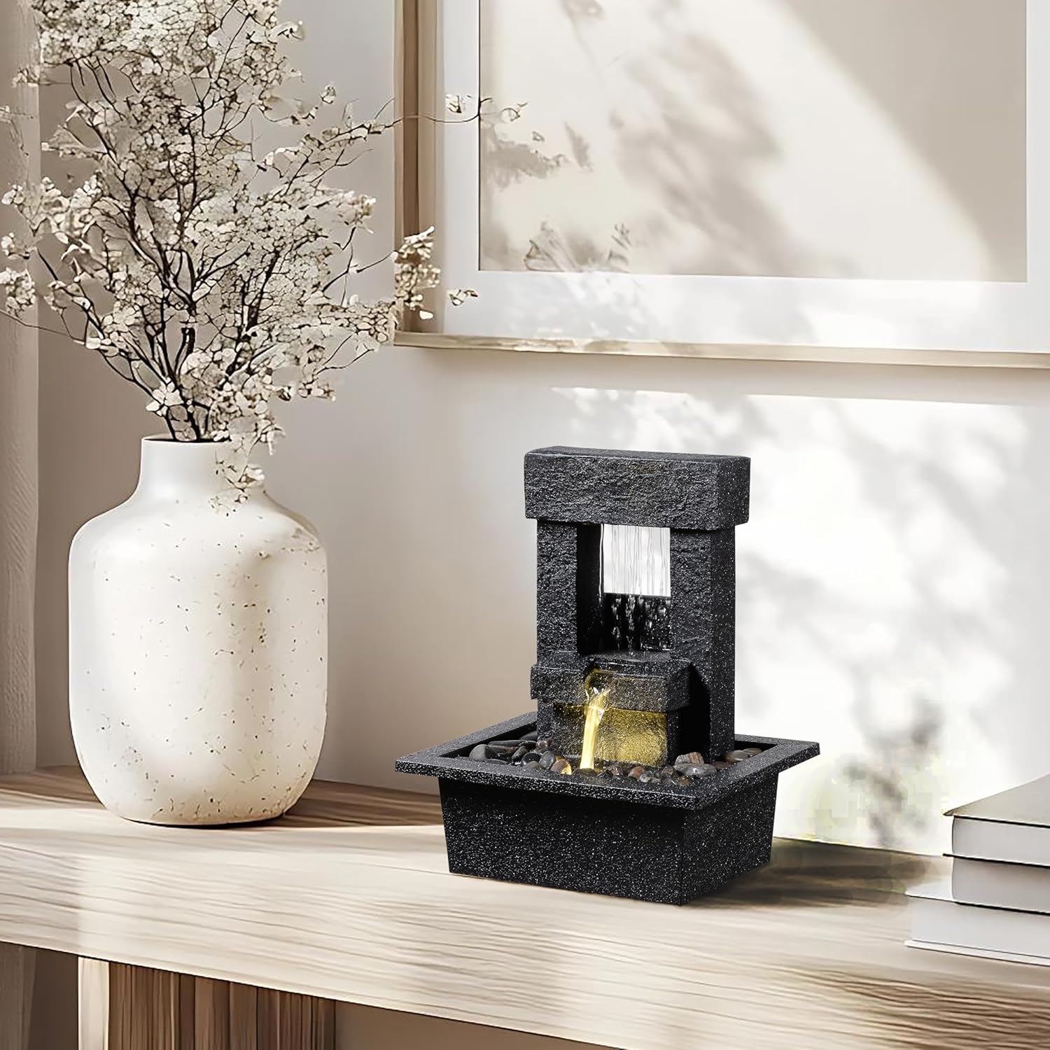 Indoor Tabletop Water Fountain with LED Light – Modern Black Desk Waterfall Feature with Soothing Sounds and River Rocks, Relaxation Zen Decor for Home Office Bedroom