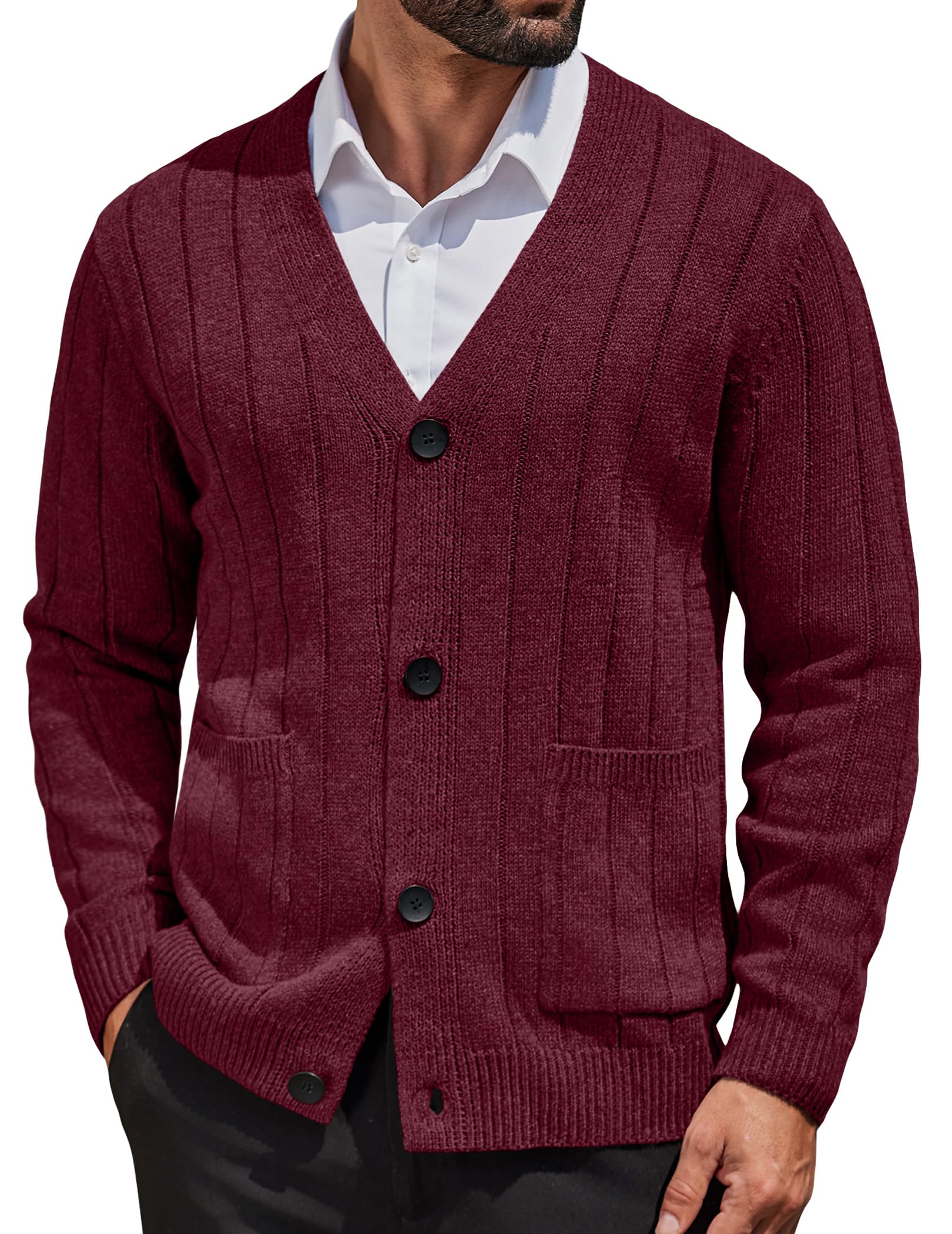 COOFANDY Men's Cardigan Sweater Cable Knit V Neck Button up Sweaters Ribbed Cardigan Sweater with Pockets