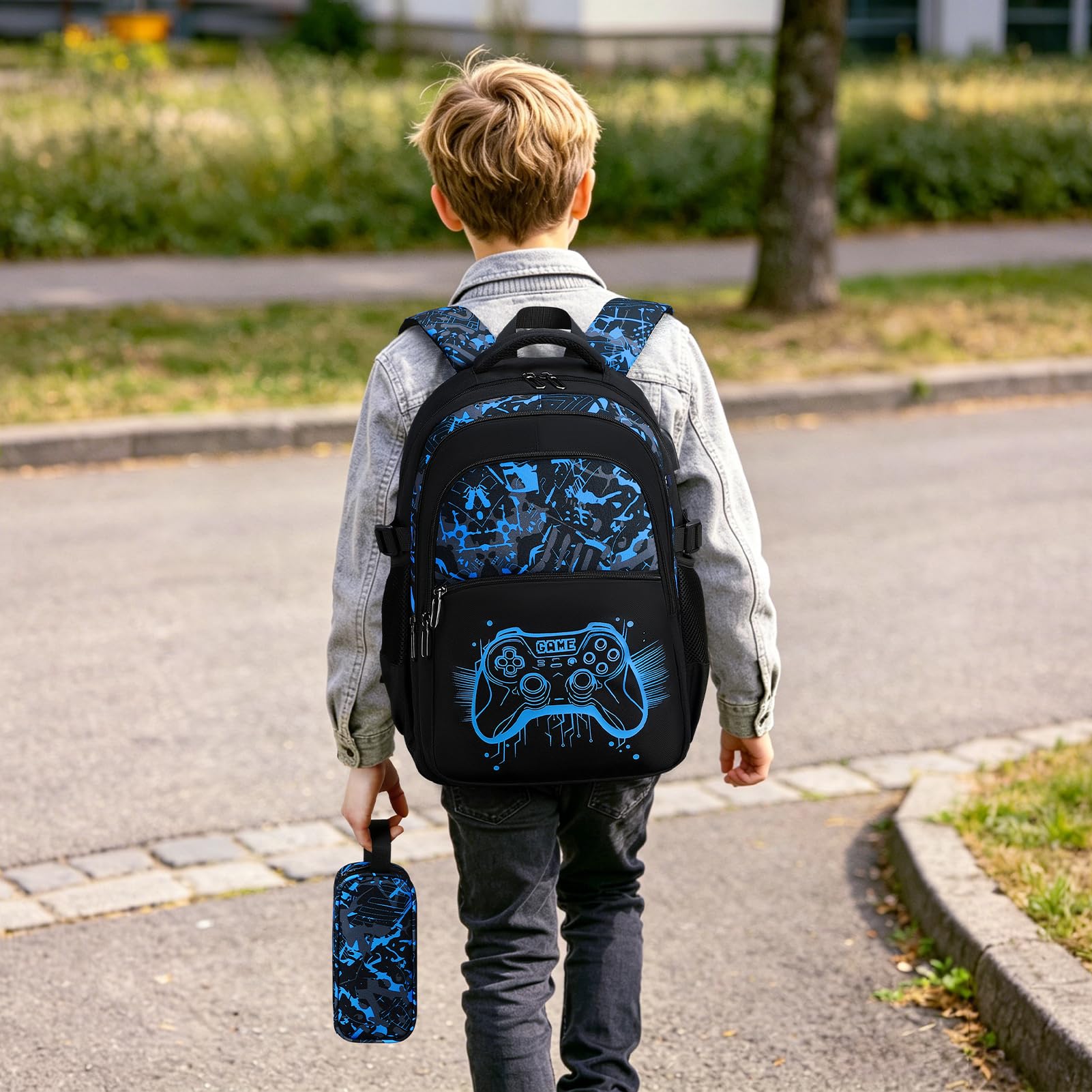 Schulrucksack Set Jungen mit Federmäppchen, Gaming Design | Großer Schulrucksack mit Leuchtendem Gaming Design, Ideal für Grundschule und Sekundarstufe