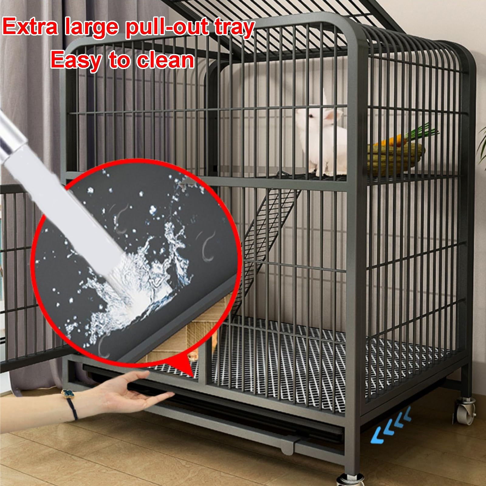 Jaula de conejo para interiores con bandejas extraíbles extra grandes y rueda universal de 360°, diseño de doble puerta, red de alambre de metal audaz