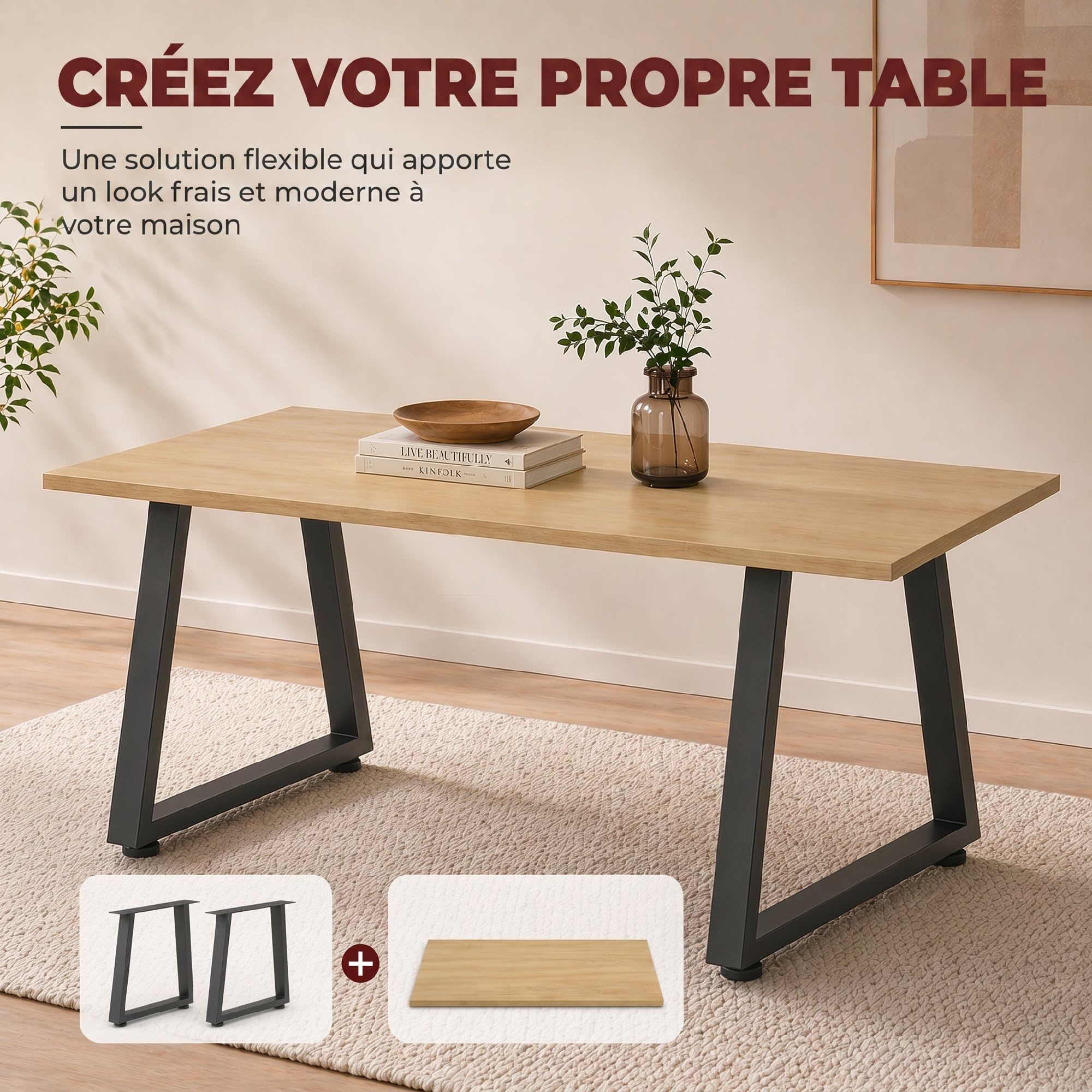 HOMCOM Pieds de Table en Acier Lot de 2 Pieds de Bureau 60 x 43 cm Noir