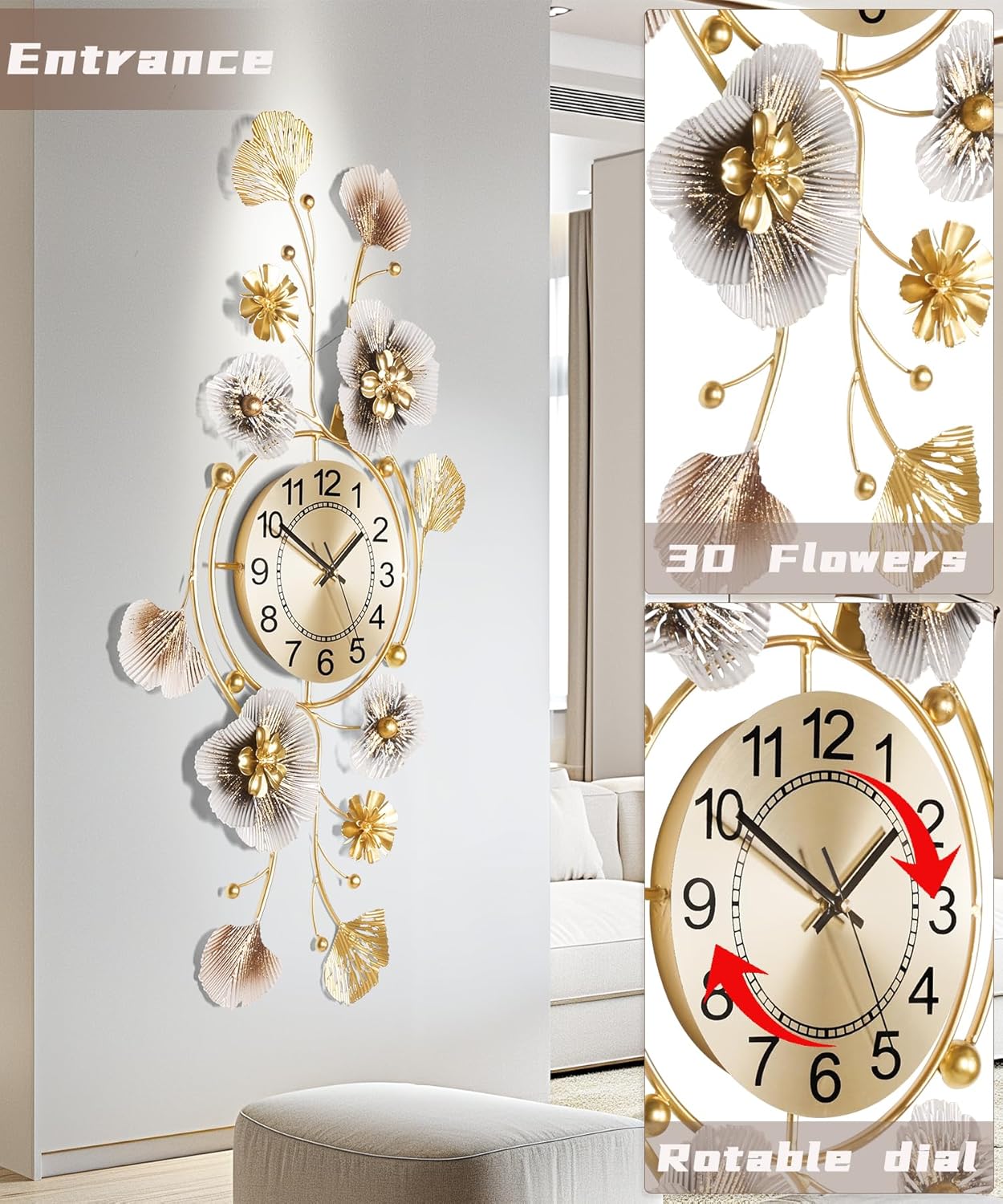 Wall Clock, Clocks for Living Room, Silent Wall Clock Decorative, 3D Retro Metal Ginkgo Leaf Design, for Office Bedroom Kitchen Clock(33''x18'')