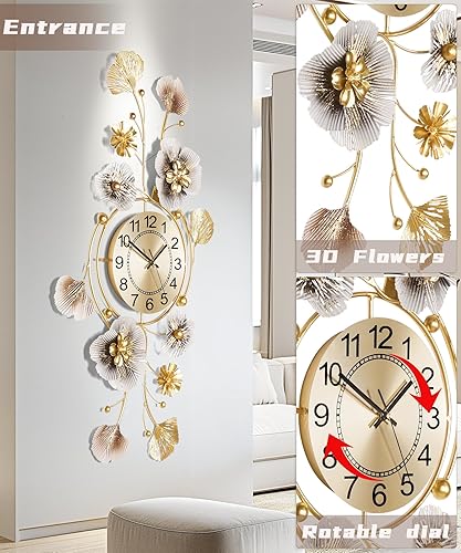 Miniatura 5 de Reloj de pared para sala de estar, reloj de pared silencioso decorativo, diseño retro 3D de hoja de ginkgo de metal, para oficina, dormitorio,