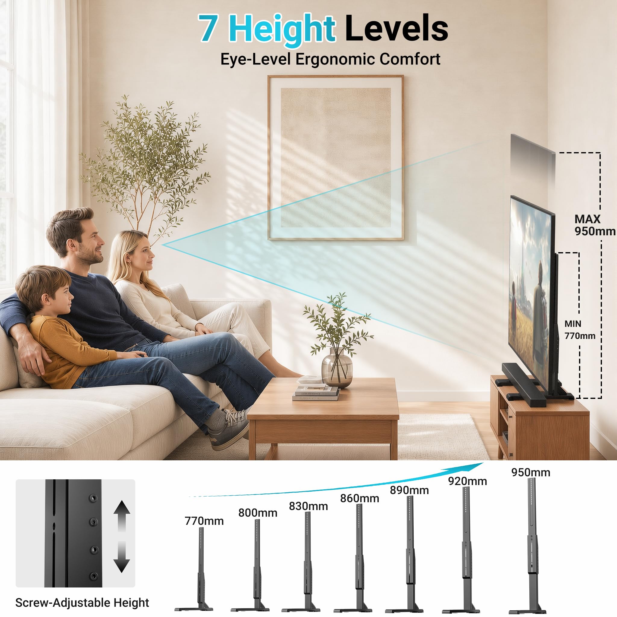 BONTEC Supporto TV Universale da Tavolo e Pavimento 24-86 Pollici | 70 kg, VESA 100x100-800x600 mm, 7 Altezze, Cinghia Antiribaltamento, Piedi Nascosti
