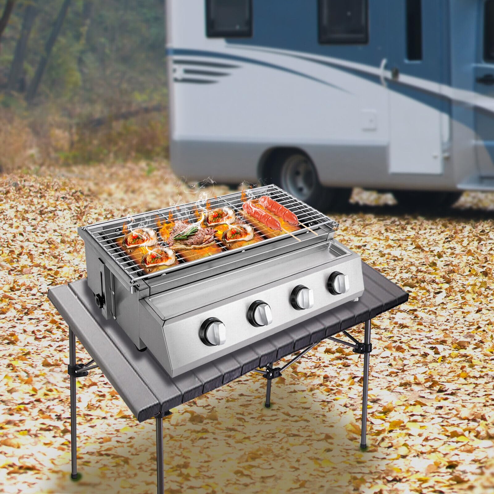 Barbecue a gas, in acciaio inox, bruciatore a 4 fuochi, GPL, tavolo