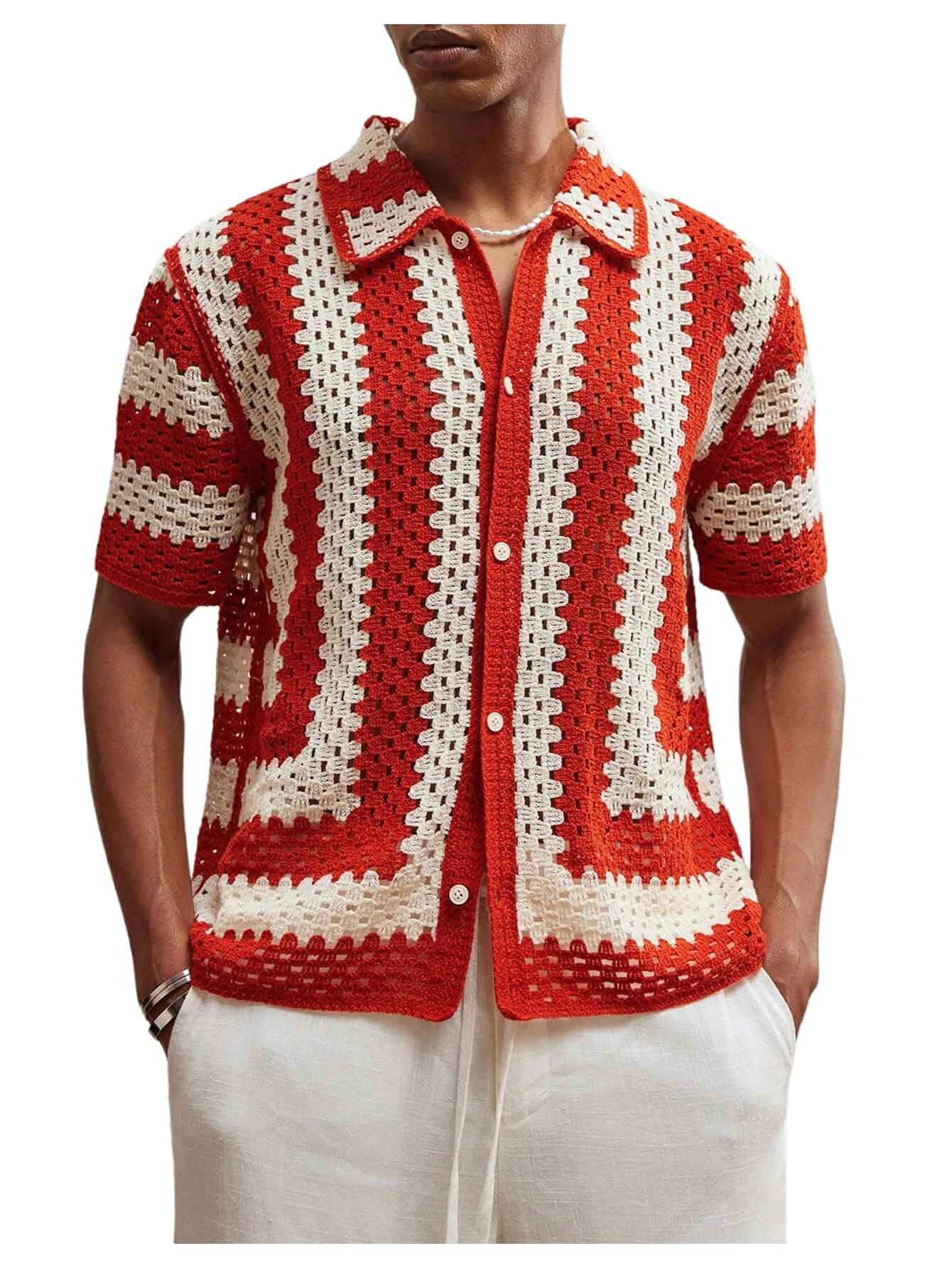BEAUDRM Men's Striped Knit Shirts Short Sleeve Button Down Shirt Crochet Hollow Out Summer Beach Top Vintage Vacation Wear Striped