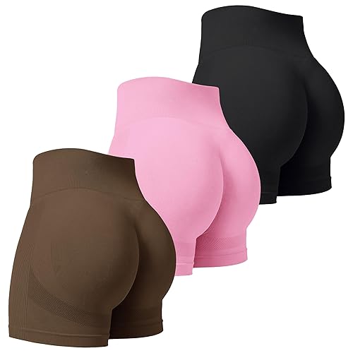 VVX 3 Piece Womens Workout Shorts Scrunch Butt Lifting Seamless High Waist Yoga Gym Shorts for Women - A-black/Brown/Pink - Medium