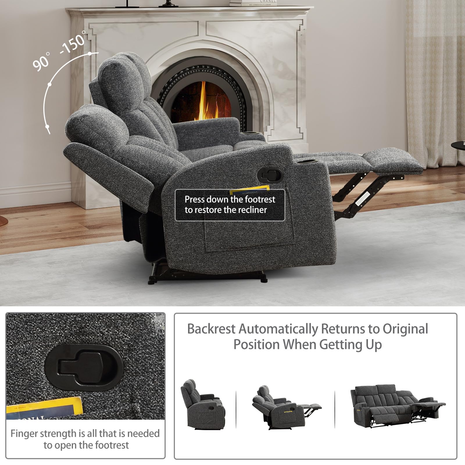 CANMOV Manual Recliner Sofa Set, 3 Seat Recliner with Side Pockets and Cup Holders, Sofa Couch with Adjustable Footrest for Living Room/Office/Home Theater, Dark Grey view 4