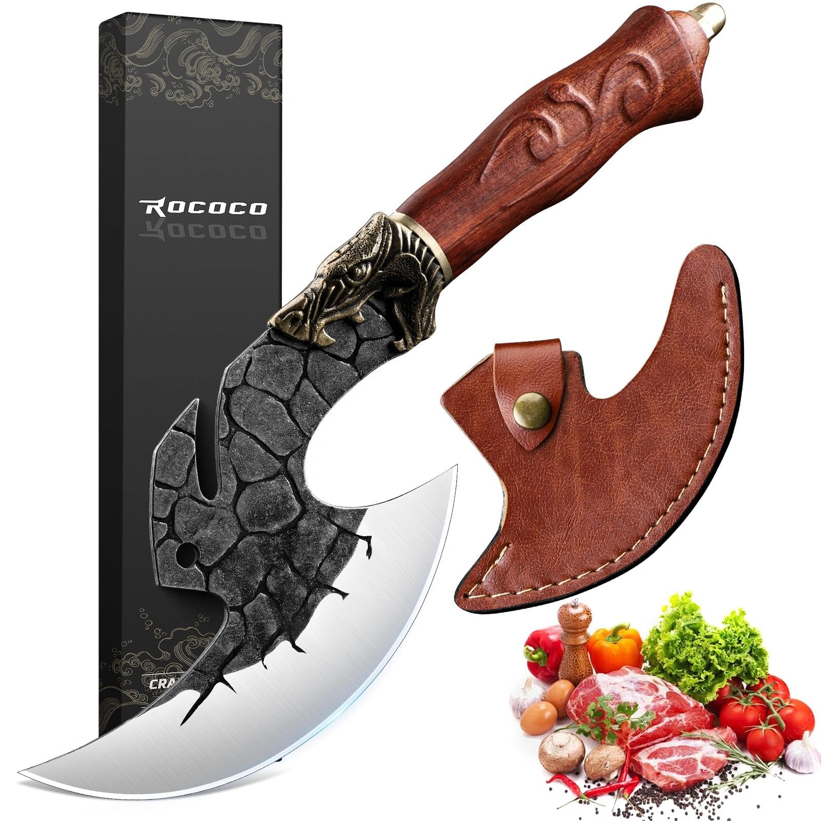 ROCOCO Viking Cleaver Knife Birthday - Butcher Meat Cutting Boning Knife Hand Forged Chinese Kitchen Axe with Sheath Home Outdoor BBQ Camping Chirstmas Mother Father Gift Men