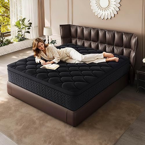 12 Inch King Size Mattress, Black Spiral Individual Pocket Spring - Supportive & Pressure-Relieving, Motion Isolation for Couples, Medium Firm Feel, Easy Set-Up