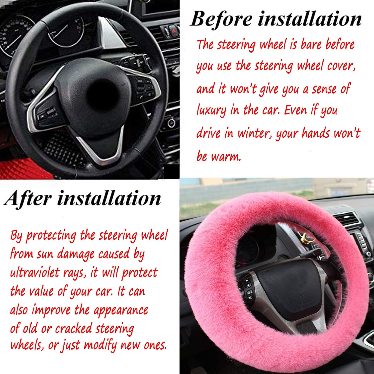 Fluffy Steering Wheel Cover for Women/Girls/Ladies Fuzzy Steering Wheel Cover Winter Warm Faux Wool Plush Car Wheel Cover Furry Steering Wheel Protector Universal Fit 15 Inch (Pink)