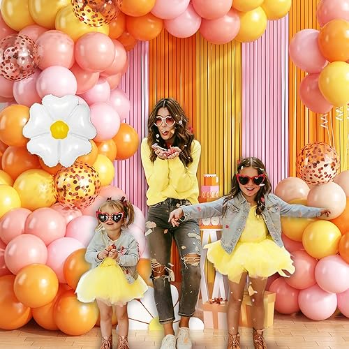 Miniatura 6 de Groovy - Kit de guirnalda de arco de globos de margaritas, decoración de fiesta de cumpleaños, fondo de flecos de papel de aluminio rosa, naranja,