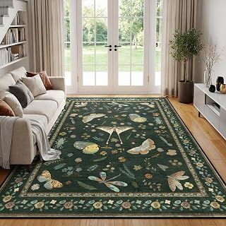 6x9 Washable Area Rug - Dark Green Butterfly & Insect Print, Non-Slip Stain Resistant Low Pile Rug, Non Shedding Soft Carpet for Living Room, Bedroom, Dining Room & Kids Nursery