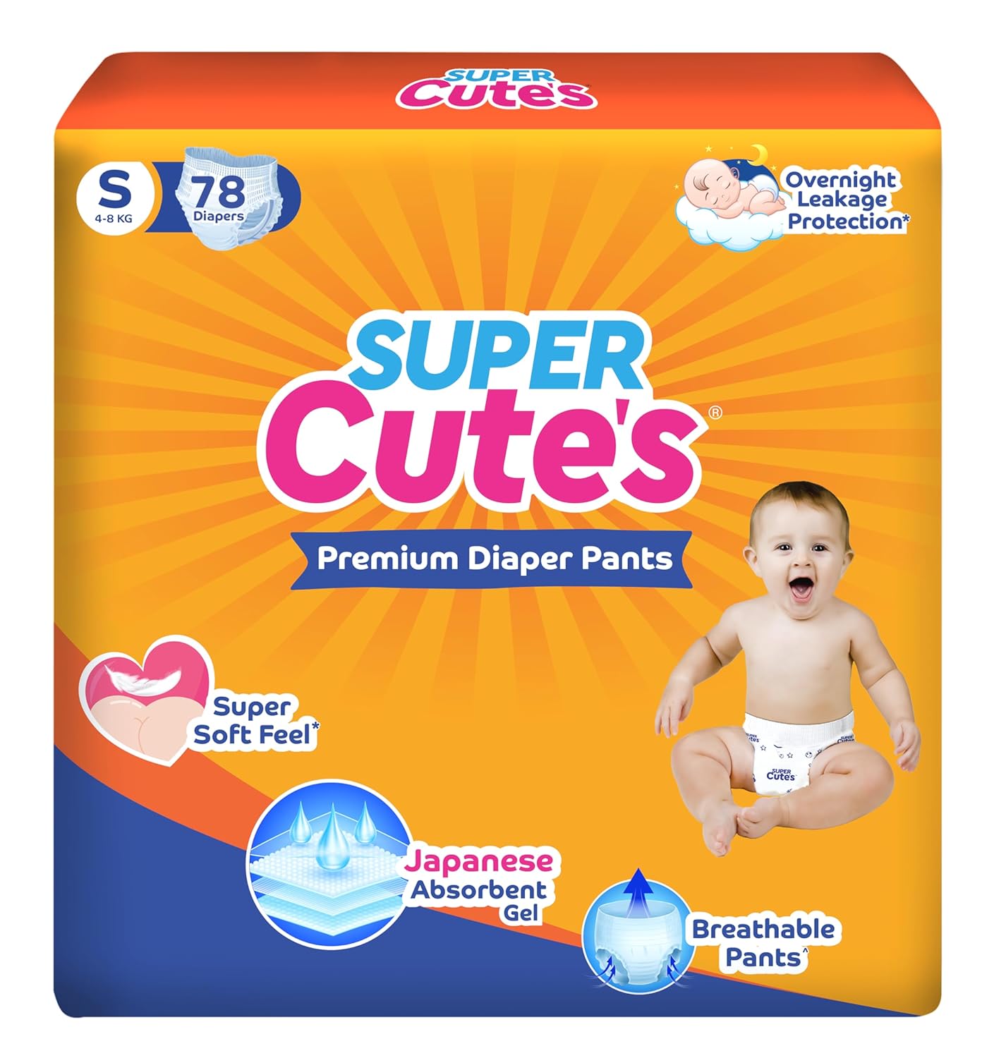 Super Cutes Premium Baby Diapers S Size, 78 Count, 4-8Kg, Super Soft and Rash Free Diaper Pants with 12 hrs Overnight Leakage Protection