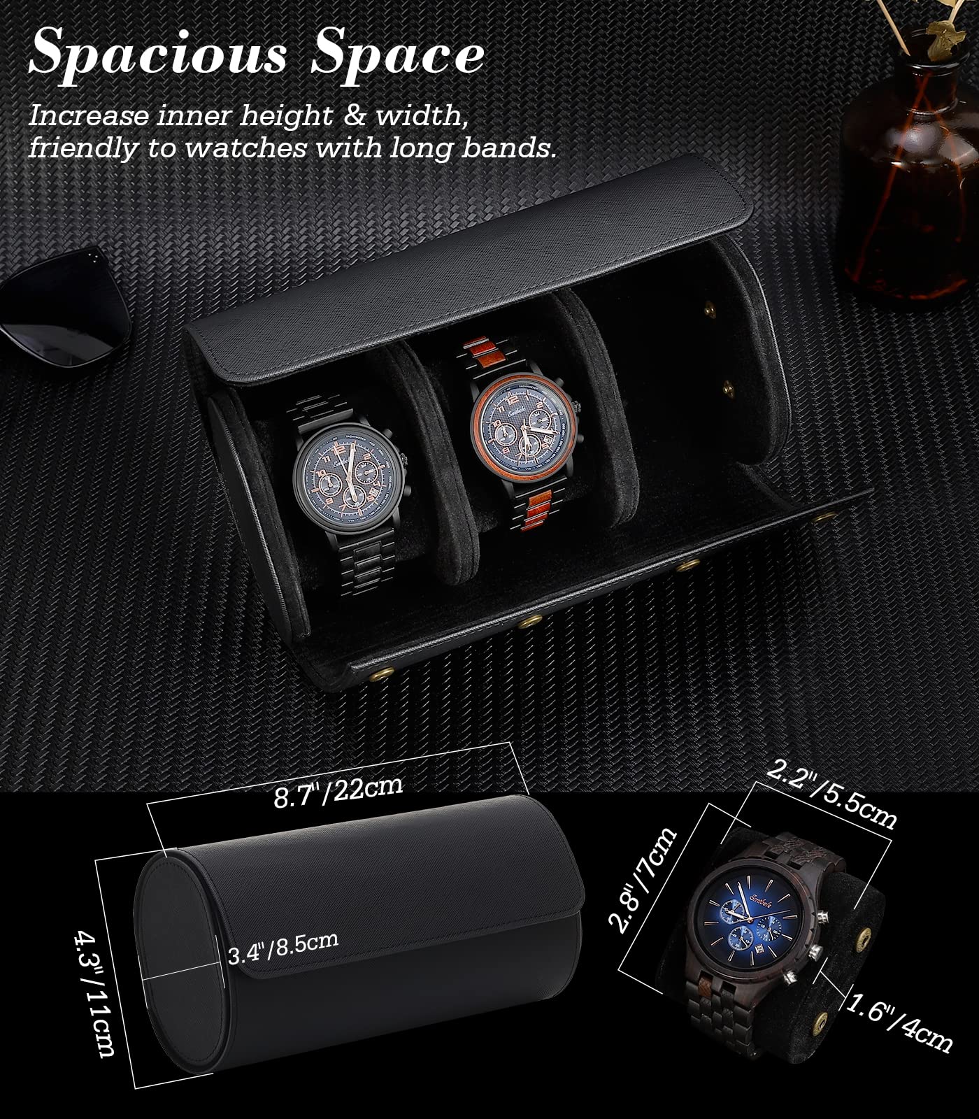 Emibele Boîte de Rangement pour Montres, Étui de Montre de Voyage Portable en Cuir PU à 3 Fentes, Sac à Transporter pour Bracelet à Montre avec Coussins Amovibles et Séparateurs Solides - Noir