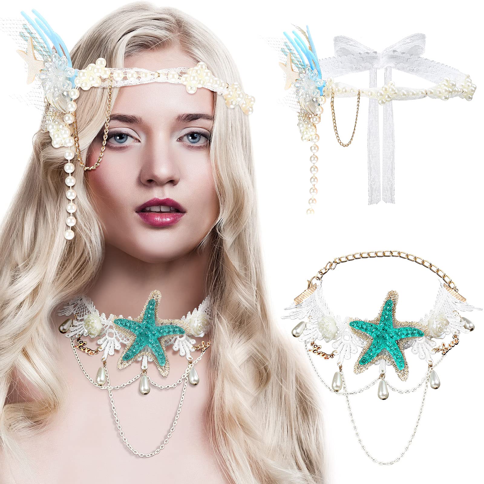MTLEE 2 Pieces Mermaid Costume Accessories Mermaid Sea Star Starfish Hairbands Mermaid Hair Accessories and Starfish Necklace for Halloween Women Girl Cosplay Party Supplies, White, 2 Piece Set