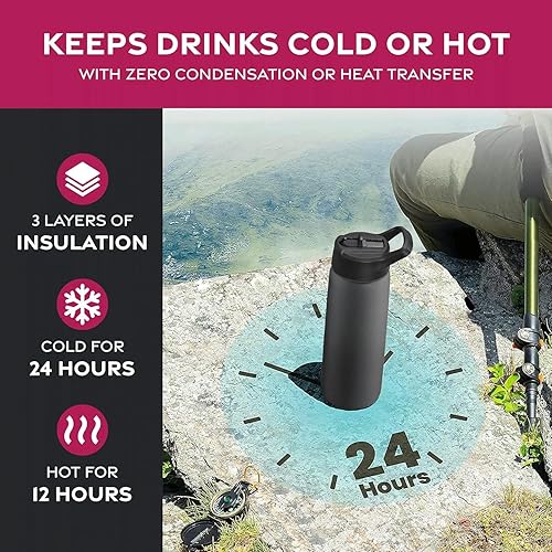 Miniatura 3 de Botellas de agua de acero inoxidable con triple aislamiento con pajilla, botellas de agua reutilizables aisladas de 25 onzas con 3 tapas, botella de