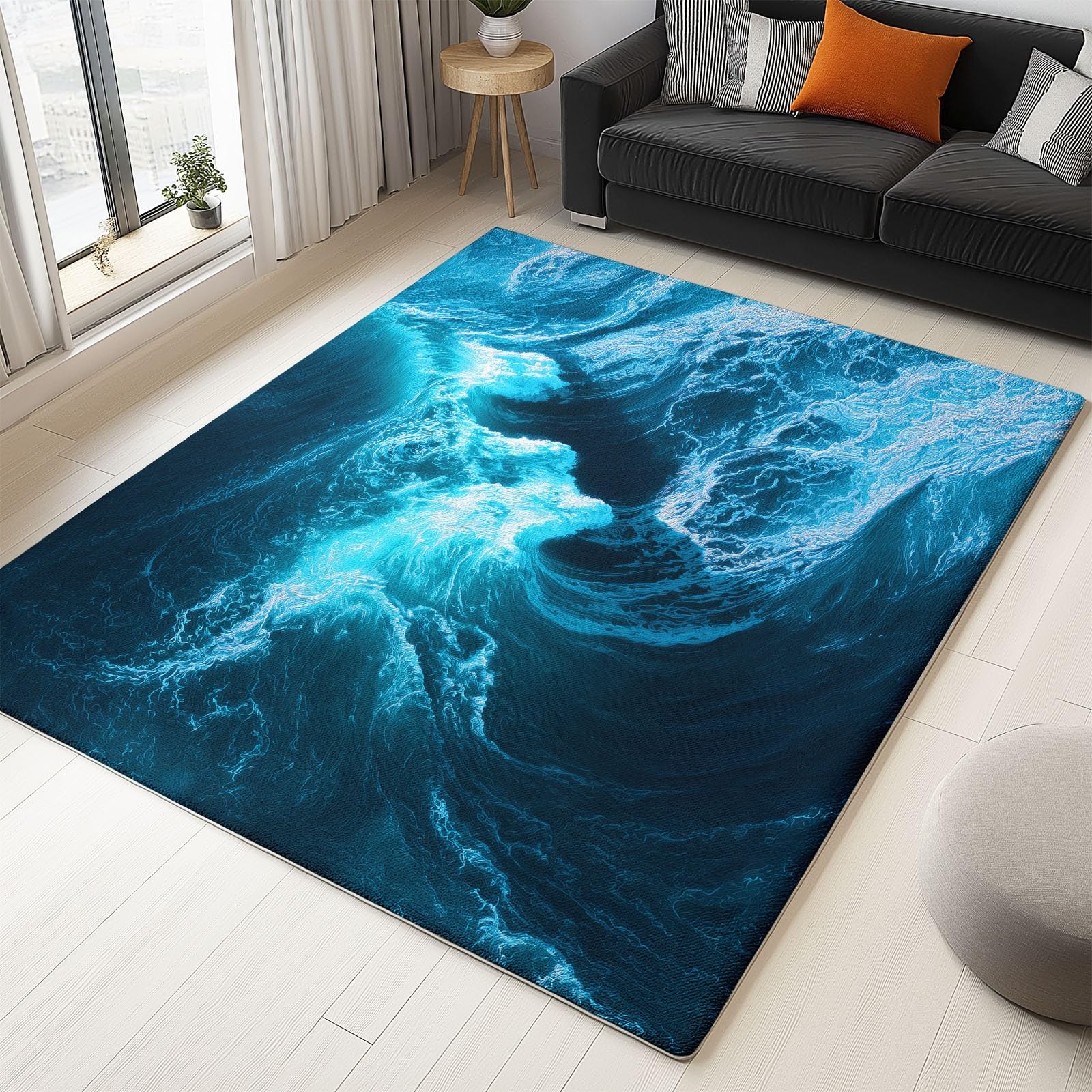 Générique Tapis Salon Photographie Vagues 90 x 150 cm Tapis Chambre Impression 3D Moderne, Bleu Moquette Antidérapant Lavable Machine, pour Salon Salle à Manger Bureau