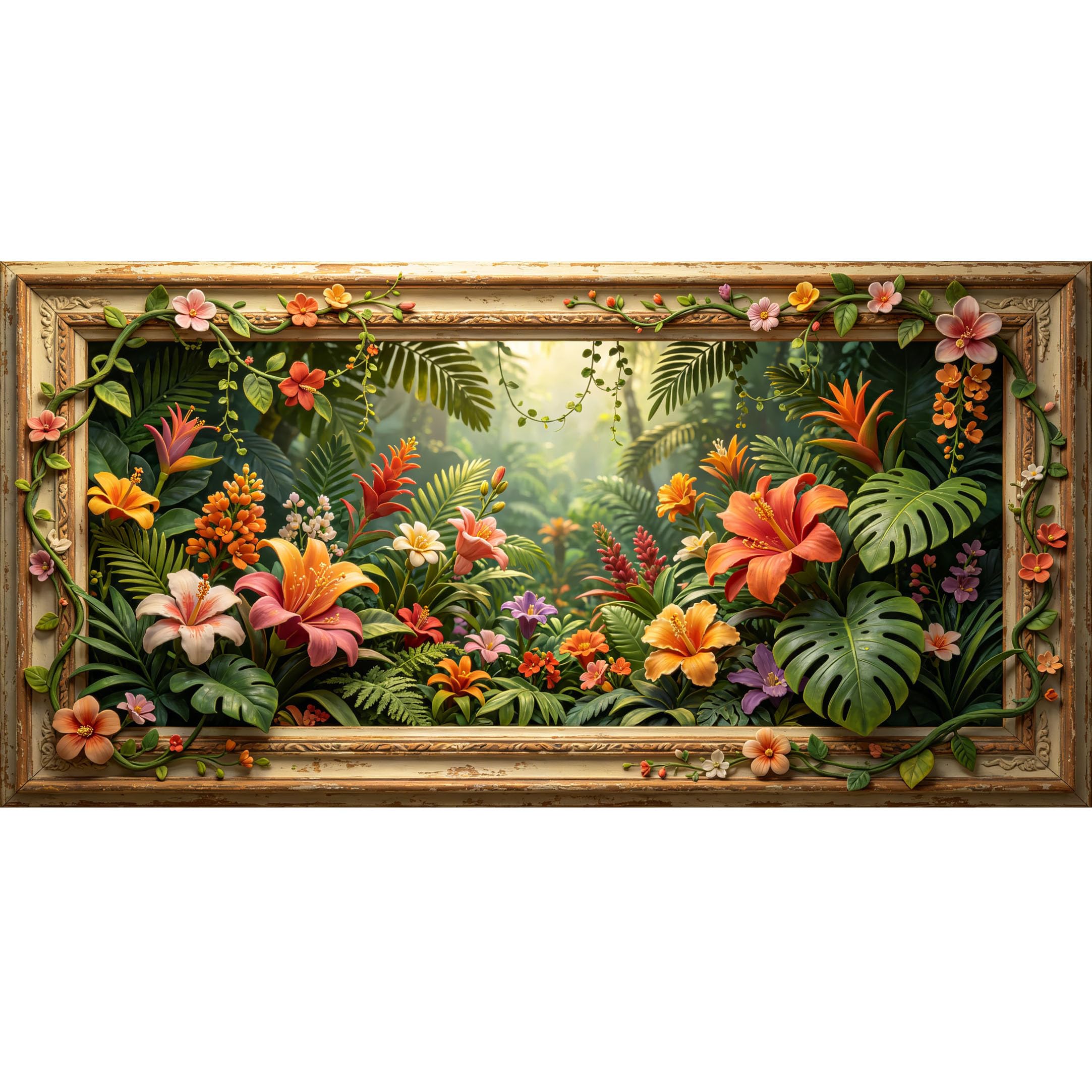 Agglomerix 3D Framed Wall Art Tropical Botanical Relief Effect Large Size SelfAdhesive Removable Wall Decor Prints Artwork for Living Room Bedroom Office Hibiscus Monstera Palm Vine