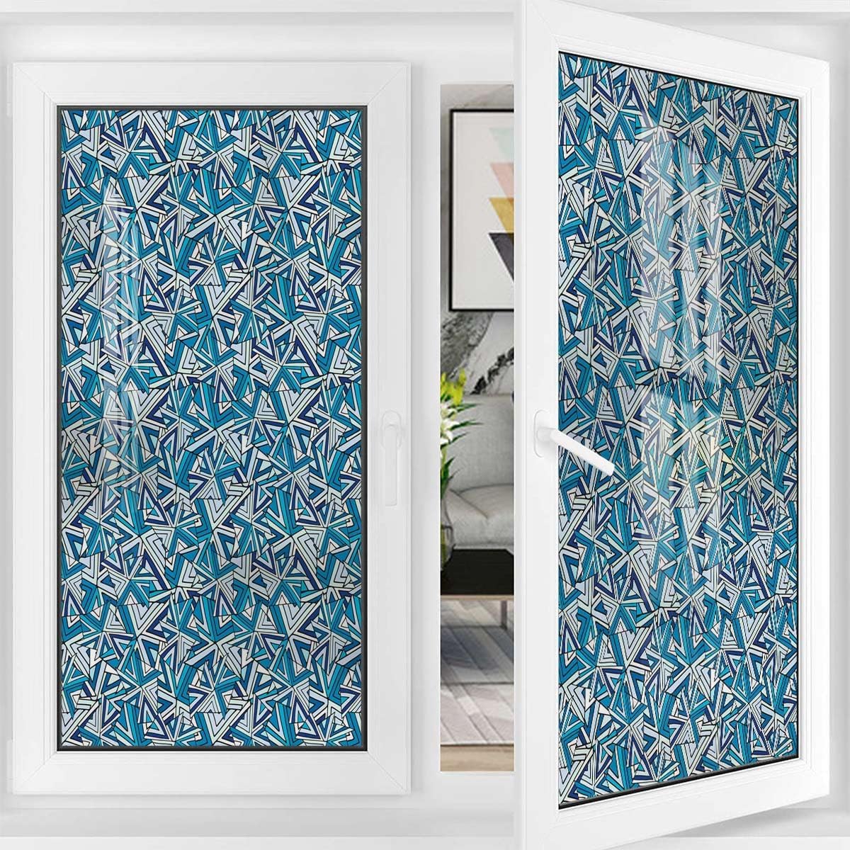 Blue No Adhesive Stained Glass Window Decor Traditional Ceramics Tiles Patterns Glass Film Static Cling Opaque Window Stickers Geometrical 35.4Wx78.7L-inch
