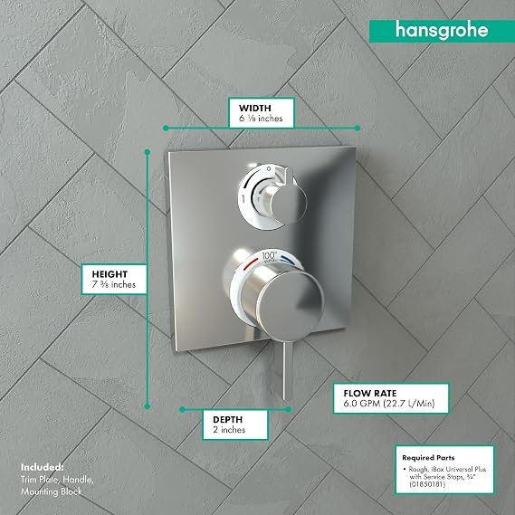 hansgrohe Ecostat Square Modern Thermostatic Shower Valve Trim with Temperature Control and Diverter in Chrome, 15714001
