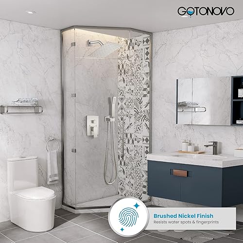 Miniatura 2 de gotonovo - Sistema de ducha de 8 pulgadas para baño, grifo de ducha de pared de níquel cepillado, cabezal de ducha cuadrado de lluvia, 2 funciones,