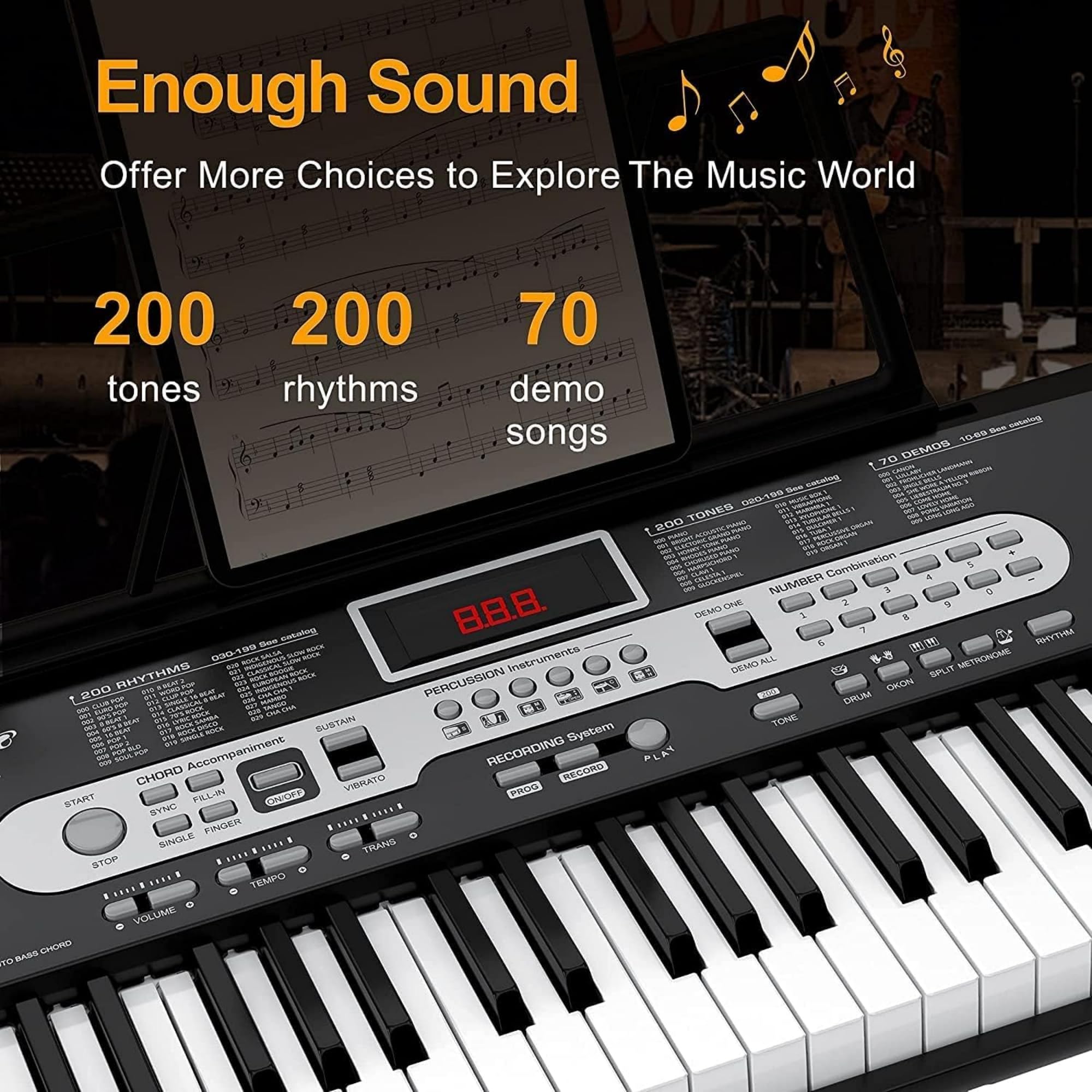 Juego de piano de 61 teclas para principiantes y niños, Piano digital con soporte de teclado, teclado eléctrico portátil con banco de piano de escritorio, auriculares, cargador, micrófono, pantalla