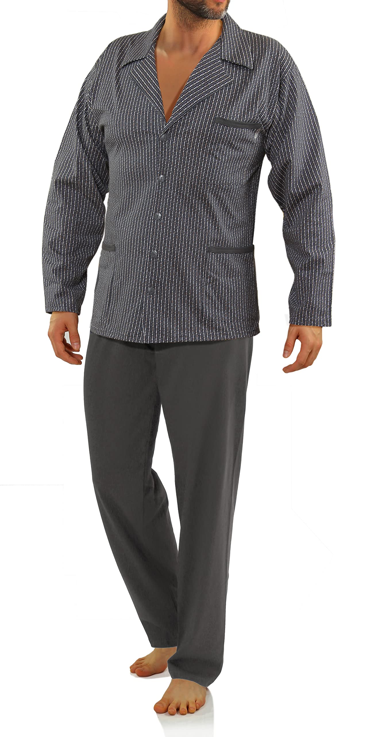 sesto senso Eleganter Herren Schlafanzug Lang zum Knöpfen 100% Baumwolle Pyjama mit Knopfleiste