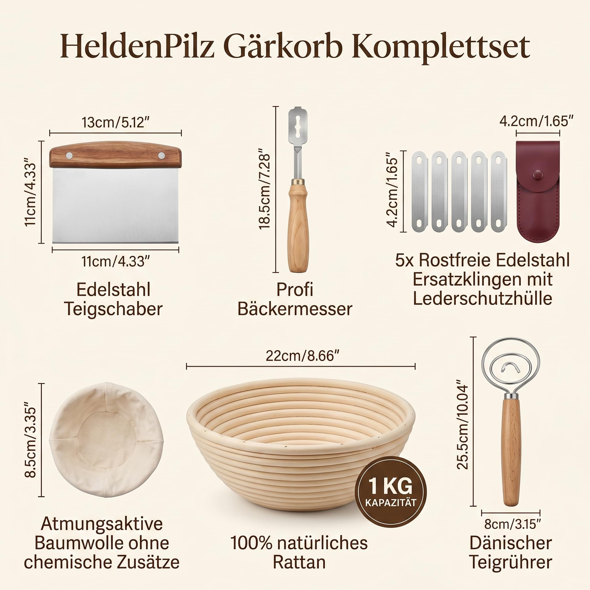 Set per la cottura del pane – pane croccante fai da te con cestino per lievitazione, carta per pasta, frusta per pasticceria, coltello da panetteria + ricetta e istruzioni per il pane a lievito (set