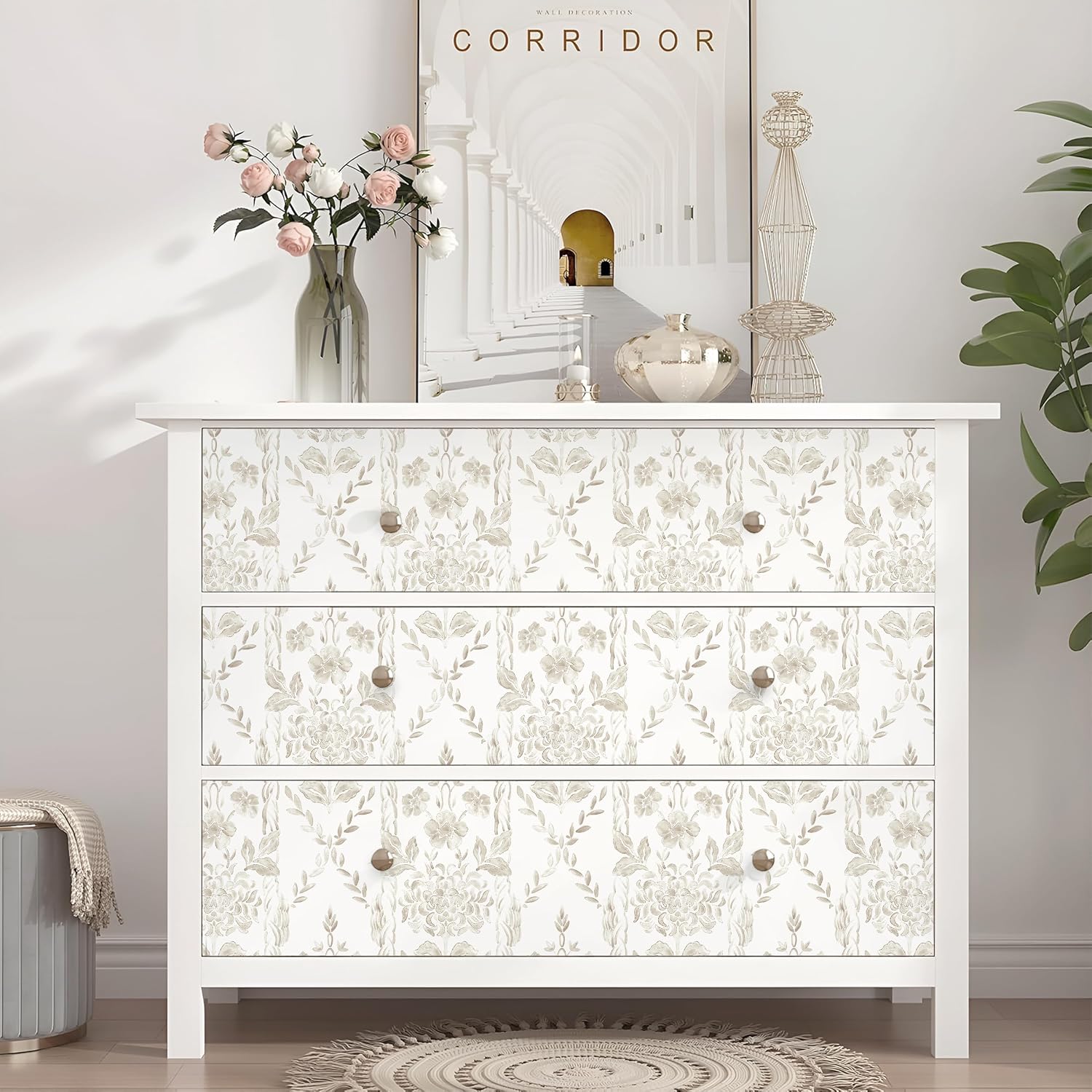 Toduso Beige and White Wallpaper Modern Peel and Stick Wallpaper Boho Floral Wall Paper Removable Self Adhesive Contact Paper for Bedroom and Bathroom Cabinet Shelf Liner Vinyl 17.3" x 393.7"