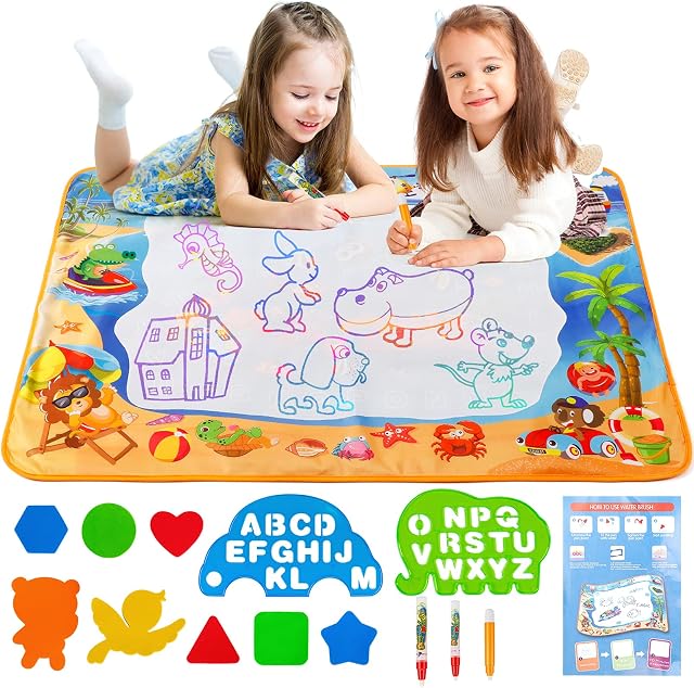 Water Painting Doodle Mat, Larger 100 x 70cm, Toddler No-Mess Activity Mat with Water Markers, Stencils and Shapes, Learning Water Draining Mat for Kids, Extra-Large Color Mat, 25-Piece Doodle Set