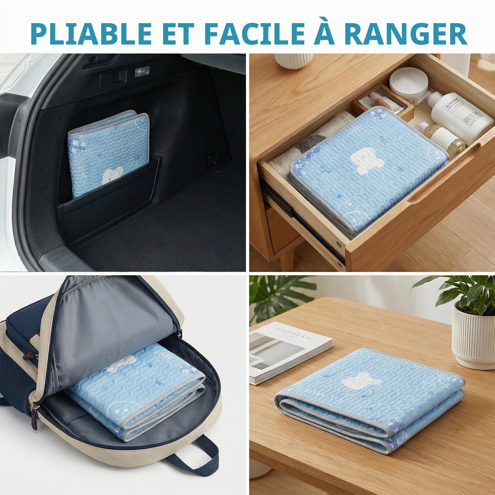 Tapis Rafraîchissant pour Chiens et Chats 50x40cm, Lavable en Machine - Motif Ours Bleu, Matelas Auto-Rafraîchissant en Tissu Glace & Remplissage Latex, Points Anti-Dérapants, pour Maison, Voiture