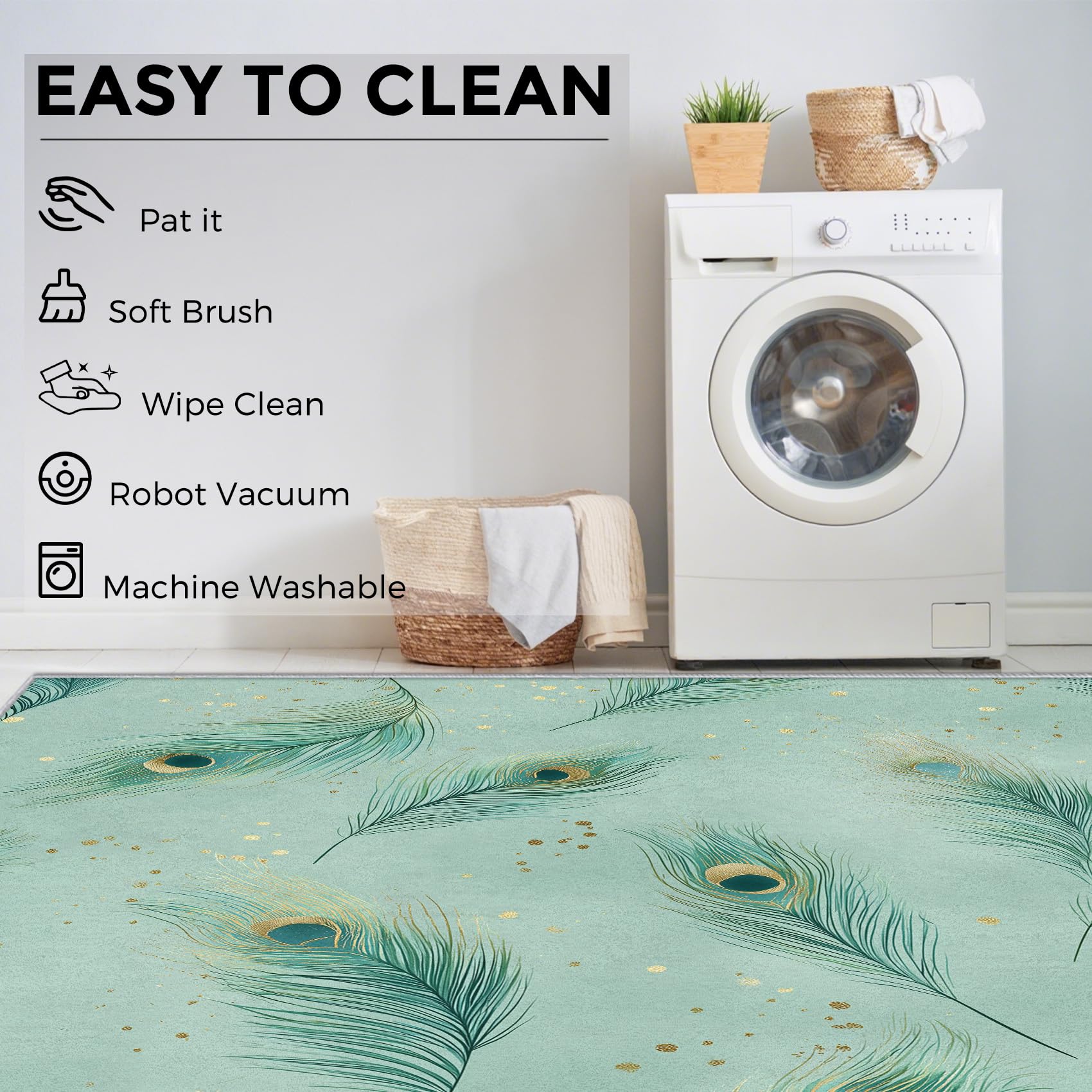 Generico Tappeto Salotto Piuma di Pavone 120x170 cm, Tappeto Piuma Verde, Antiscivolo Pelo Corto Lavabili per Camera da Letto Cucina Bagno P-&64
