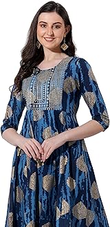 MIRCHI FASHION Women's Cotton Relaxed Fit A Line Sequins Embroidery Work Foil Printed A-Line Kurti Only