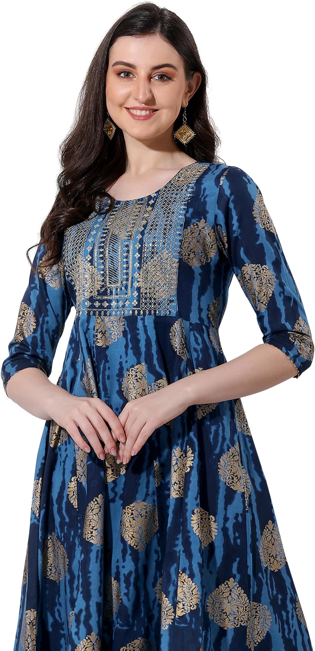 MIRCHI FASHION Women's Cotton Relaxed Fit A Line Sequins Embroidery Work Foil Printed A-Line Kurti Only