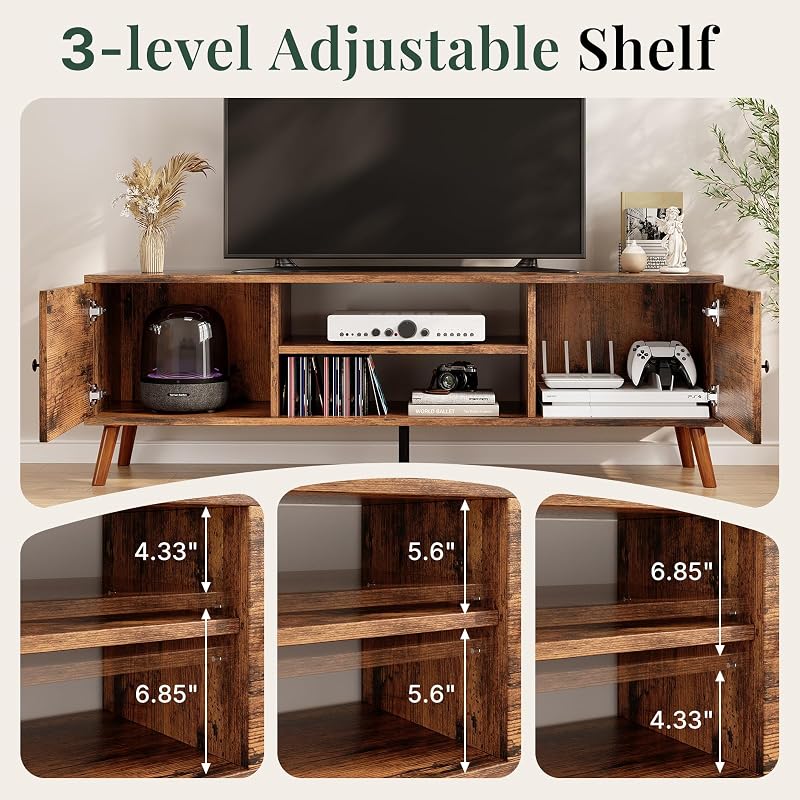 TV Stand for 55 60 inch TV, Modern Mid Century Entertainment Center with Storage, Wooden Media Console Table with 2 Cabinets for Living Room Bedroom, Rust image 4