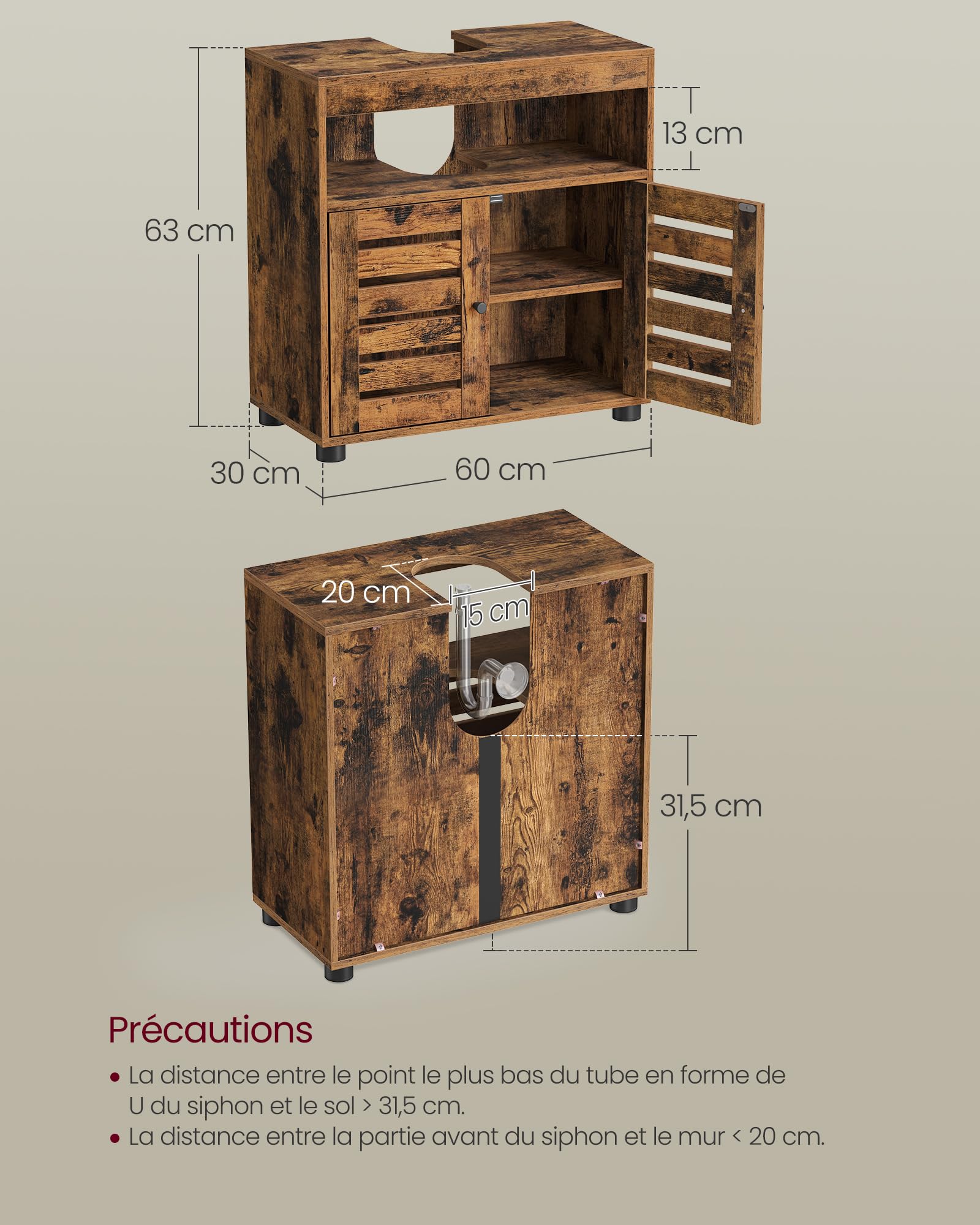 VASAGLE Meuble sous Lavabo, Meuble de Salle de Bain, Placard de Rangement, 30 x 60 x 64 cm, convient aux Lavabos sans Colonnes, avec 2 Portes Persiennes, Planche Réglable, Marron Rustique BBK04BX