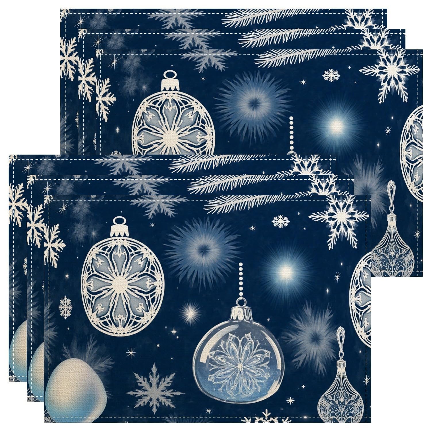 Christmas Snowflake and Ornament Placemats, Blue Winter Holiday Decorative Place Mats for Dining Table, Non-Slip Washable Indoor Outdoor Kitchen Party Set of 6