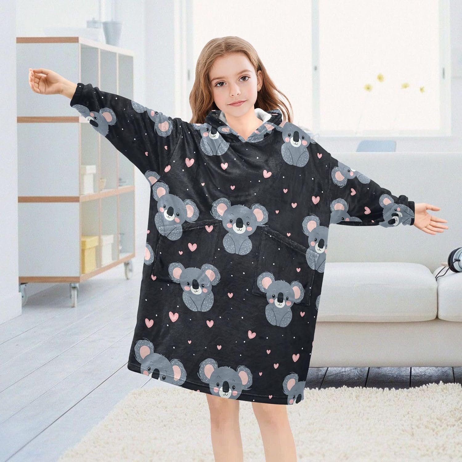 Cute Koala Kids Wearable Blanket Hoodie with Pocket and Sleeves for Toddlers, Cute Hoodies Girls Boys B0404154