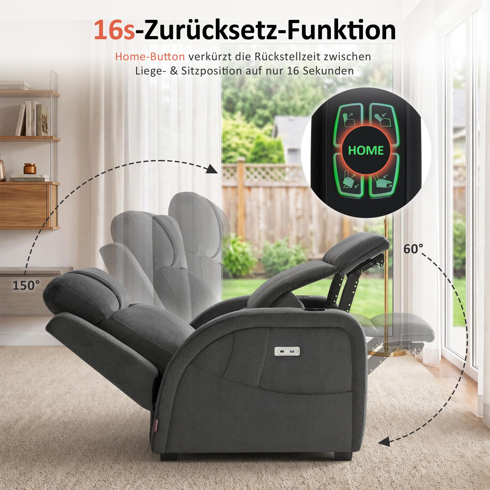 MCombo 7042 Fernsehsessel Elektrisch, 2-Motoren, Stoff, Dunkelgrau