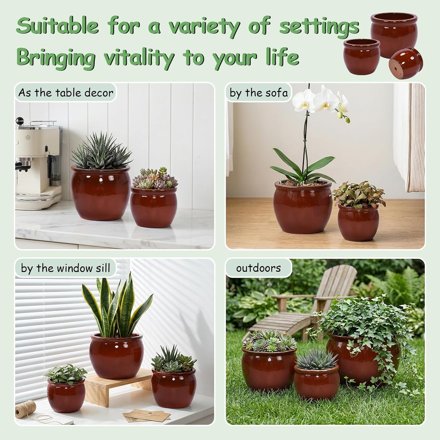 Handmade Ceramic Plant Pots Set of 3, 15/12/9 Inch Large Outdoor & Indoor Planters with Drainage Hole, Modern Decorative Glazed Flower Pots for Patio, Living Room, Balcony & Garden Decor, Rust Red