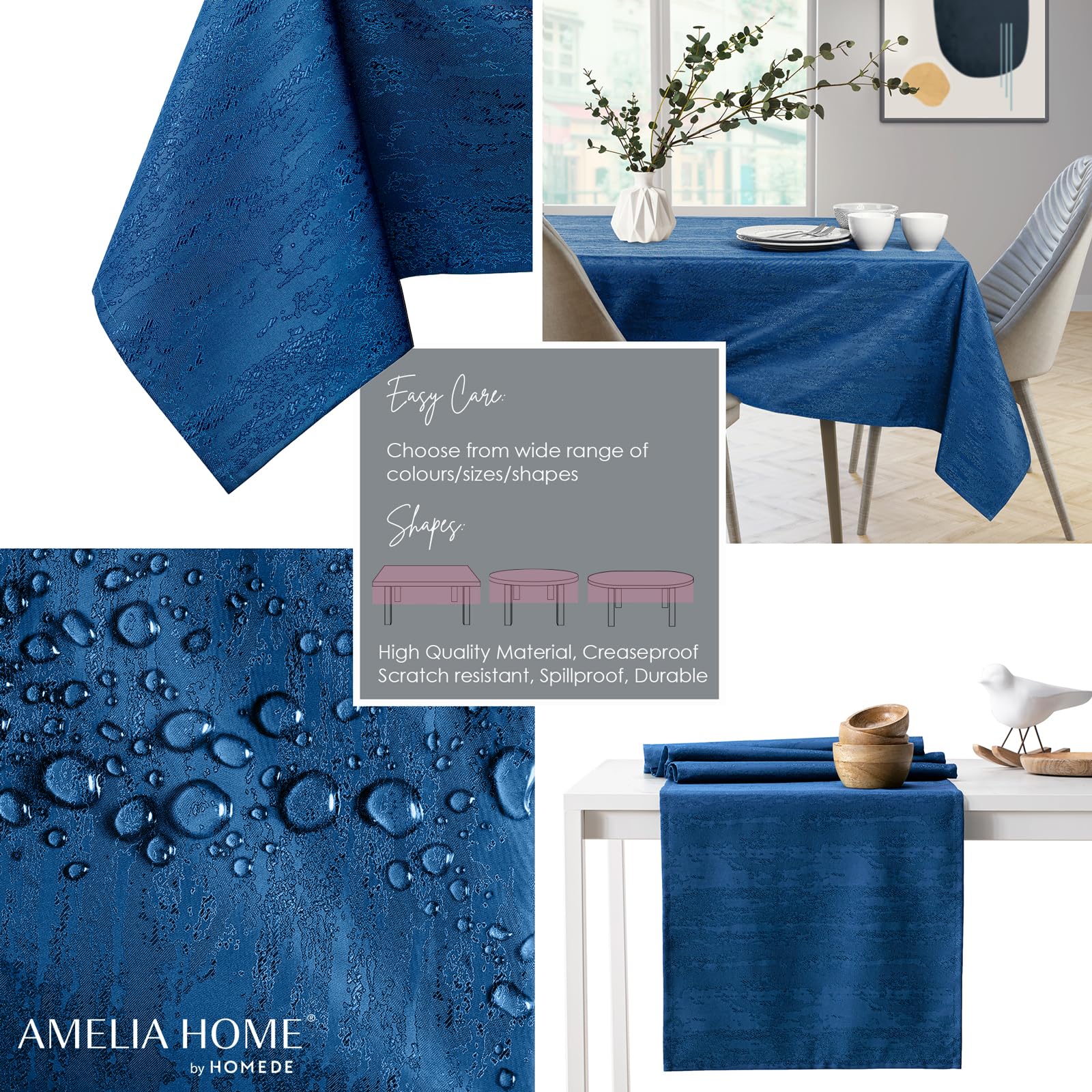 AmeliaHome 100 x 100 cm Tablecloth Table Cloth Stain Protection Lotus Effect Washable Water-Repellent Ornament Dark Blue Vesta - Image 2
