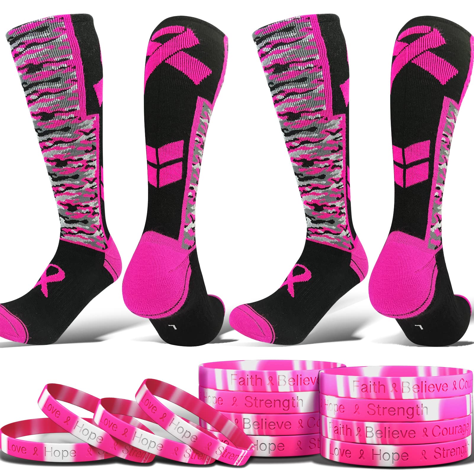 Gearoot 2 Pairs Camo Breast Cancer Awareness Socks with Pink Ribbon & 12 Pcs Breast Cancer Bracelets Over The Calf Socks