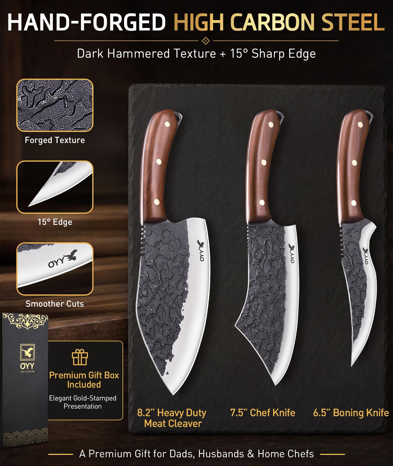 3PCS Hand Forged Butcher Knife Set, Meat Cleaver Chef Knife & Boning Knife