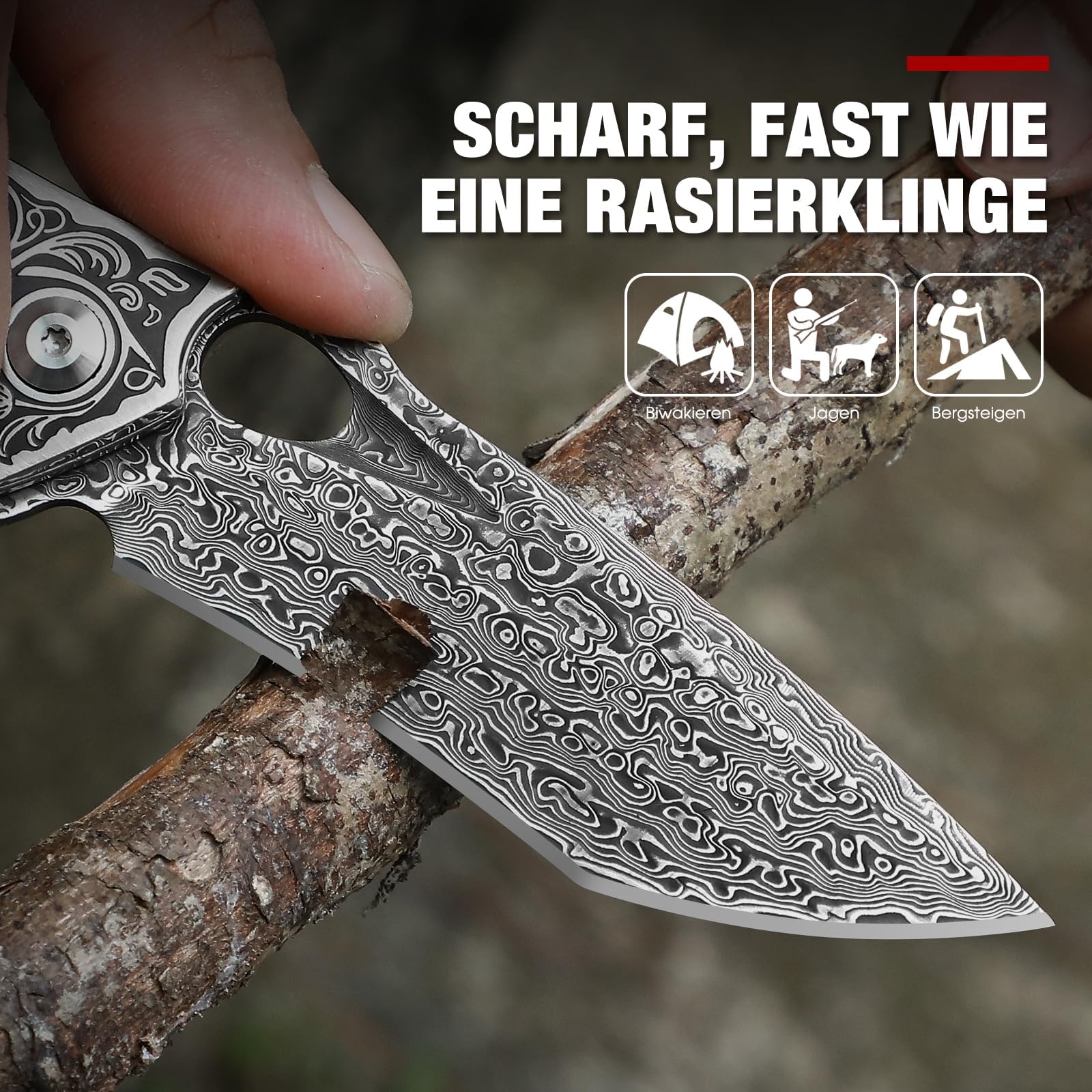 DRACHENADER Acero de Damasco de de un solo filo navaja de bolsillo con funda de cuero hermoso, cuchillo plegable al aire libre VG10 Kern mango de madera de regalo