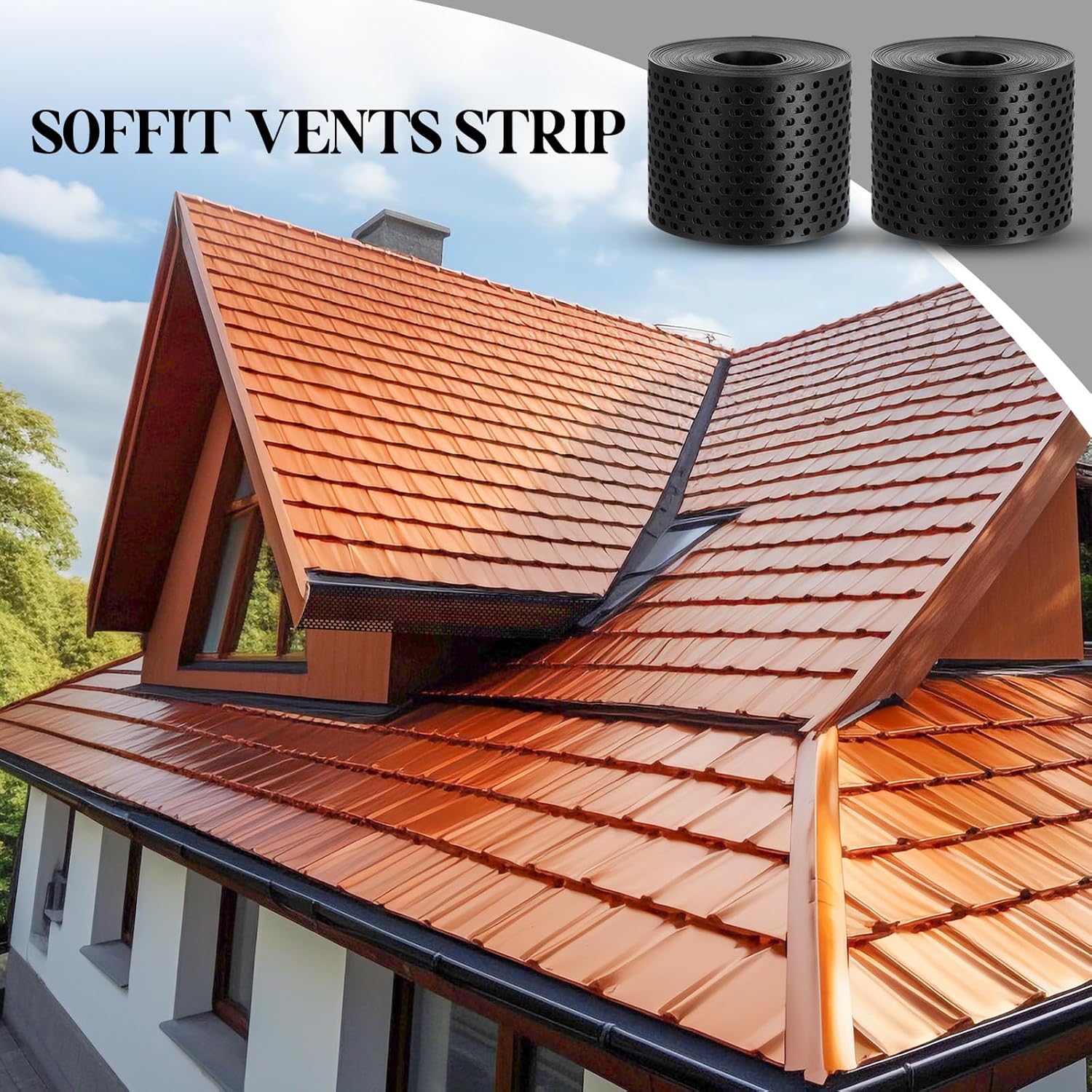 2 Rolls Soffit Vents Strip for Eaves Ventilation 3.93" x 32.8 ft, Keep Birds Pest and Animals Out for Under Eave Exterior Ventilation Solution, Weather Resistant Composite Resin Material